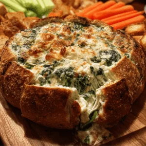Hot spinach dip served in hollowed sourdough bread bowl surrounded by toasted bread cubes and fresh vegetables
